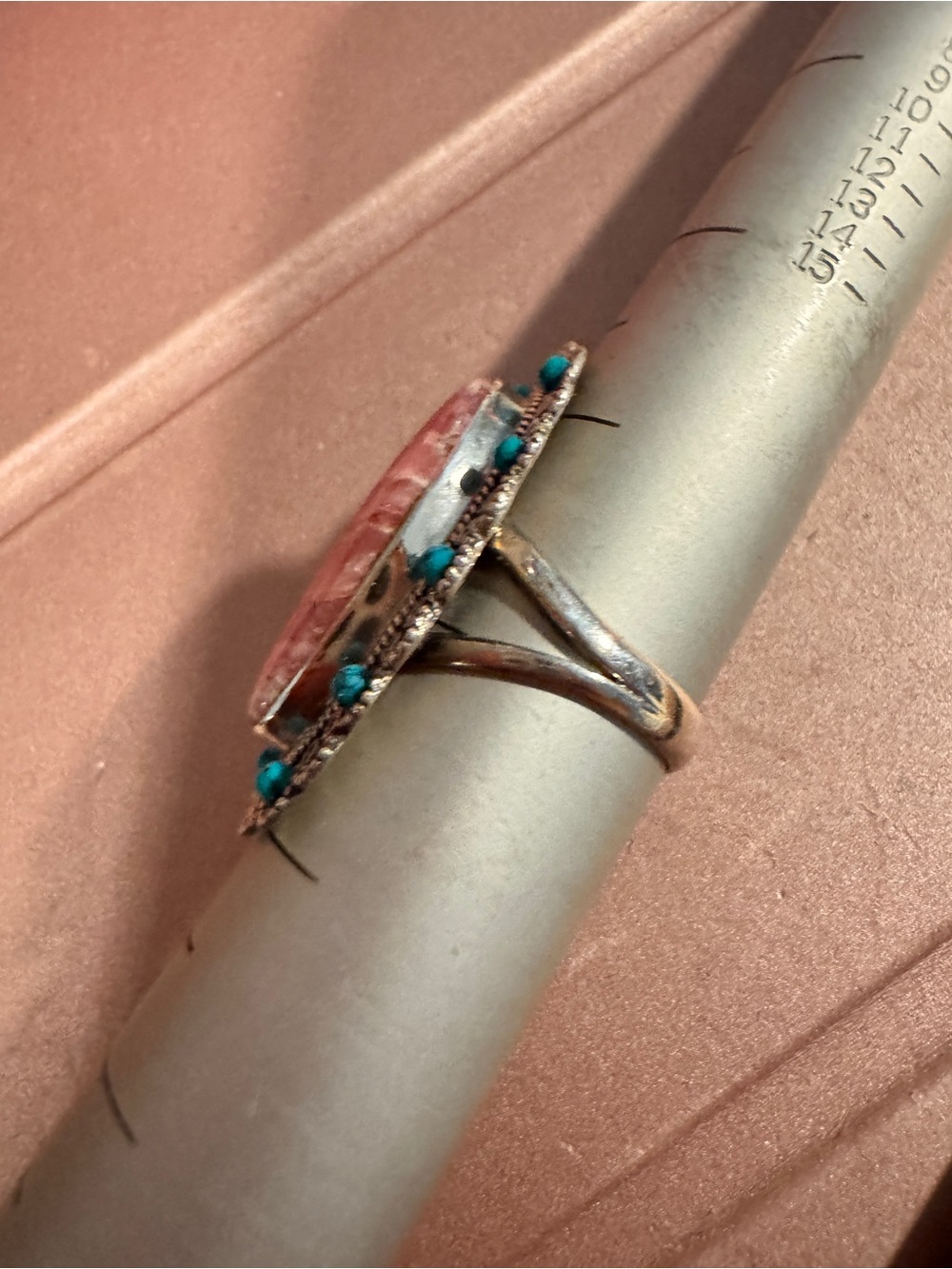 925 Sterling Silver Pink Stone and Turquoise Accent Silver Ring Sz 8 - Picture 5 of 9